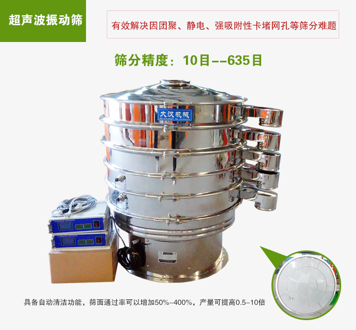 超聲波振動篩具備自動清潔功能，篩面通過率可以增加50%-400%，產量可提高0.5-10倍